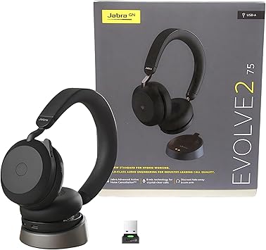 Jabra Evolve2 75 Wireless Headset Stereo UC w/Charging Headset Stand, USB Dongle, Compatible w/Zoom, RingCentral, Smartphones, Tablets, PC/MAC, 27599-989-989, w/Gold Support Plan and Mobile Wallet