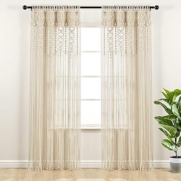 Lush Decor Boho Macrame Textured Cotton Window Curtain Panel Single 40" W x 95" L Neutral - Macrame Curtains for Windows, Room Divider, Boho Wall Decor