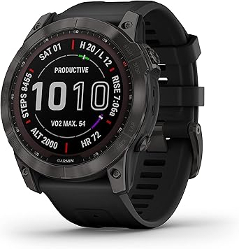 Garmin Fenix 7X Sapphire Solar, Larger Adventure smartwatch, with Solar Charging Capabilities, Rugged Outdoor Watch with GPS, Touchscreen, Wellness Features, Carbon Gray DLC Titanium with Black Band