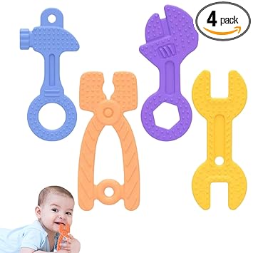 Fu Store 4 Pack Soft Silicone Teething Toys for 0-12 Months 6-24 Months Toddlers Infant Hammer Spanner Wrench Pliers Tools Shape Baby Teethers Relief Soothe Babies Gums Set