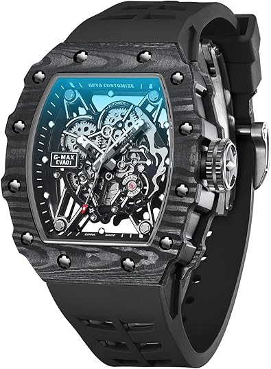 Automatic Mechanical Watch Skeleton Carbon Fiber 50M Waterproof Casual Men Wrist Watch Sterling Watches Chronograph Analog Business Casual Fashion Adjustable Silicone Band