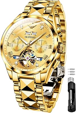 OUPINKE Gold Men Automatic Mechanical Wrist Watches Luxury Dress Tungsten Steel Luminous Waterproof Sapphire Diamond Calendar Best Gifts Men
