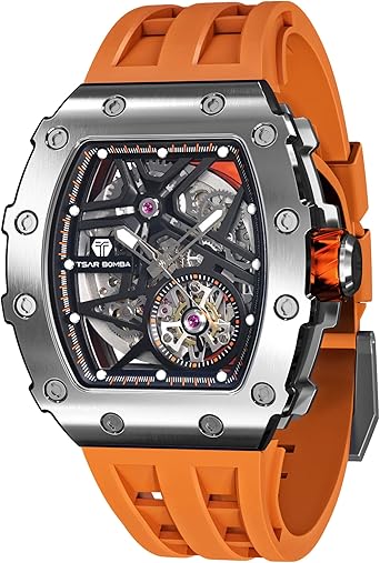 TSAR BOMBA Men's Automatic Watch Mechanical Tonneau Luxury Skeleton Watches for Men 50M Waterproof Analogue Work Mens Wrist Watch Unique Cool Design Square Silver Big Face Wristwatch Silicone Strap