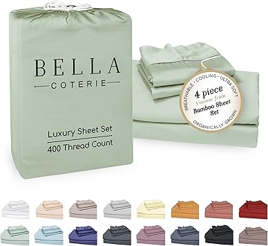 Bella Coterie Luxury Bamboo Viscose Queen Size Sheet Set | 100% Organically Grown | Ultra Soft | Cooling for Hot Sleepers | 18" Deep Pocket [Sea Glass]