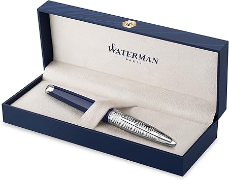 Waterman Carène Fountain Pen | Metal & Blue Lacquer | Chiselled Cap | 18K Gold Fine Nib | Blue Ink | Gift Box