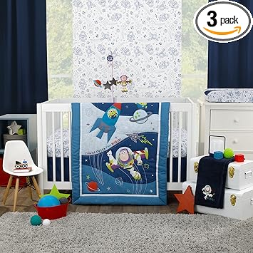 Disney Toy Story Outta This World Blue and Gray 3 Piece Nursery Crib Bedding Set - Comforter, Fitted Crib Sheet, and Crib Skirt