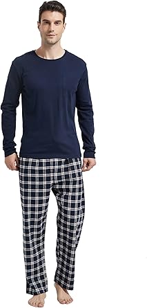 amaxer Men's 100% Cotton Pajama Set Flannel Plaid Pants Crew Neck Top Long Sleeves Pjs Elastic High Waist Sleepwear