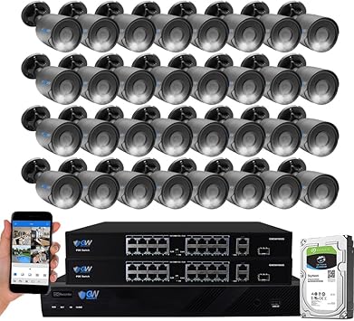 GW 4K Outdoor/Indoor Face Recognition/Human/Vehicle Detection Security Camera System, 32 Channel 12MP PoE NVR, 32 x 4K 8MP UltraHD Smart AI IP Microphone Bullet Camera, 24-7 Video & Audio Recording