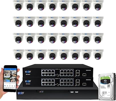 GW Security 32 Channel 8MP Fulltime Color Night Vision 4K NVR Security Camera System with 32 UltraHD 4K Two-Way Audio Outdoor/Indoor Smart AI Face Recognition Human Vehicle Detection PoE Dome Cameras