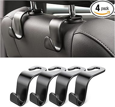 Car Back Seat Headrest Hooks, 4 Pack Black Stylish Back Seat Hanger for Car Handbag Clothes Coats Grocery Bags, Car Interior Accessories (Black2)