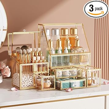 CoralHouse Clear Makeup Organizer with Gold Frame – Countertop Vanity Organizer for Skincare, Lipsticks, Perfume & Brushes – Bathroom Cosmetic Storage Display Box