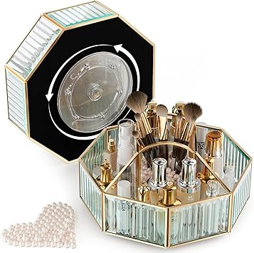 CoralHouse 360° Rotating Makeup Organizer Spinning Vanity Organizer with Makeup Brush Holder for Countertop, Bathroom Storage, Skincare, Perfume & Cosmetic Organizer for Vanity