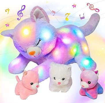 Hopearl LED Musical Stuffed Cat Lighting Up Singing Plush Toy Playset Mommy Cat with 3 Baby Kittens in her Tummy Lullaby Animated Soothe for Mom Kids Toddler Girls, Rainbow, 18''