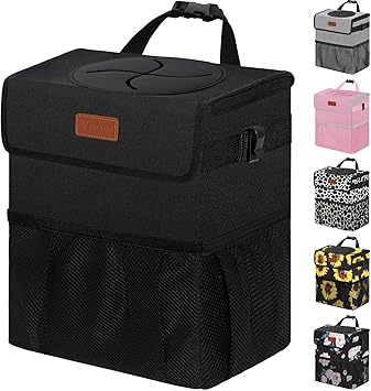 Vankor Car Trash Can Bin with Lid Hanging for Back Seat, Car Accessories for Women Men Leak Proof Automotive Garbage Cans Leakproof Vehicle Trash Can for Truck SUV Black