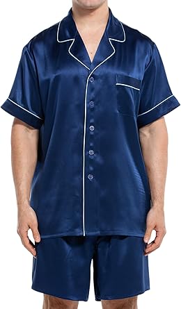 COLD POSH 100% 19MM Mulberry Silk Pajamas for Men Short Sleeve Button Up Mens Silk Pajama Set for Summer Pjs