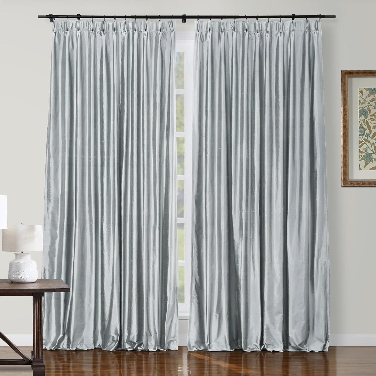 ChadMade Extra Long Light Blocking Dupioni Silk Curtain 132 Inches Long Pinch Pleat Curtain for Patio Luxurious Curtain for Villa, Ice Blue Curtain 50Wx132L (1 Panel), Selman Collection
