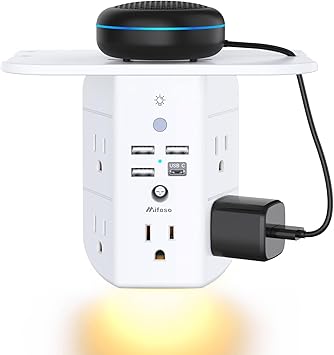 Wall Outlet Extender with Shelf and Night Light, Surge Protector, Wall Mount Charger Multi Plug Expander with 5 AC Outlets and 3 USB A Ports 1 USB C, Wide Space 3-Sided Power Strip Multi Plug Outlets