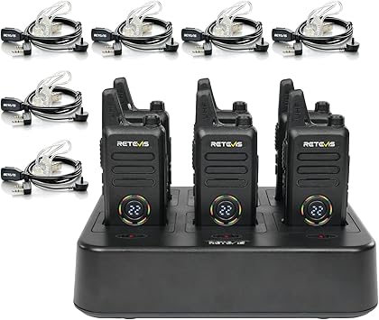 Retevis RT22S 2 Way Radios Rechargeable,Long Range Walkie Talkies with Earpiece and Mic Set,Channel Display,Signal Prompt,Handsfree Portable Two-Way Radio(6 Pack) with 6 Way Multi Gang Charger