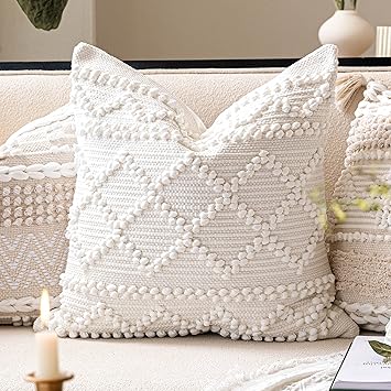 BlissBlush Pure White Decorative Throw Pillow Cover 20X20, Boho Accent Pillow for Couch, Square Modern Farmhouse Pillowcase for Living Room Couch Sofa Cushion Home Décor (Pack of 1)