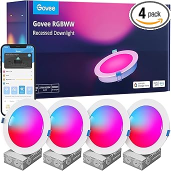 Govee Smart Recessed Lighting 6 Inch, Wi-Fi Bluetooth Direct Connect RGBWW LED Downlight, 65 Scene Mode, Canless Recessed Light Work with Alexa & Google Assistant with Junction Box, 1100 Lumen, 4 Pack