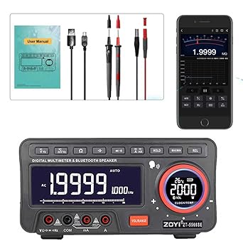 ZOYI Bluetooth Speaker Multimeter with Voice Broadcast, Time and Alarm, Auto-ranging Multimeter(19999) with True RMS, AC/DC V/A, Capacitance, Resistance, Diodes, Continuity, Frequency, Temperature