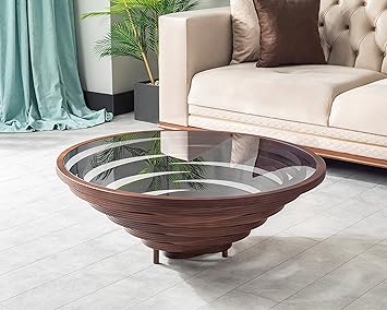 Papella Esila Spiral Coffee Table – Round Walnut Base with Tempered Glass – Sophisticated Centerpiece for Modern Homes & Office Interiors