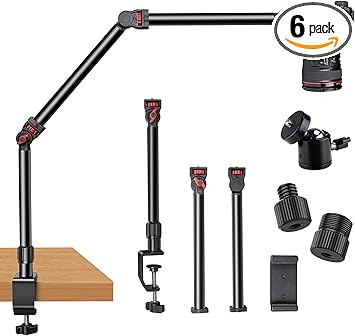 Overhead Camera Mount Desk Stand, 3-Section Flexible Detachable Articulating Arm with 1/4“ 3/8" 5/8" Screw&360° Ball Head, C-clamp Tabletop Mount for DSLR Camera/Webcam/Microphone/Lights