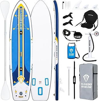Tuxedo Sailor Large Size Inflatable Fishing Kayak 12'×34"×6" Ultra-Light Paddle Board, Stand Up Paddle Board Complete Accessories, Fishing Support Bases, Kayak Seat etc
