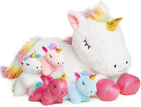 Vposyako 5 Pieces Unicorn Toys Stuffed Animals for Girls, 1 Mommy Unicorn with 4 Babies, Soft Plush Toys Gifts for Girls 3 4 5 6 7 8 9 Years, Kids, Children, Christmas, Birthday, Valentine's