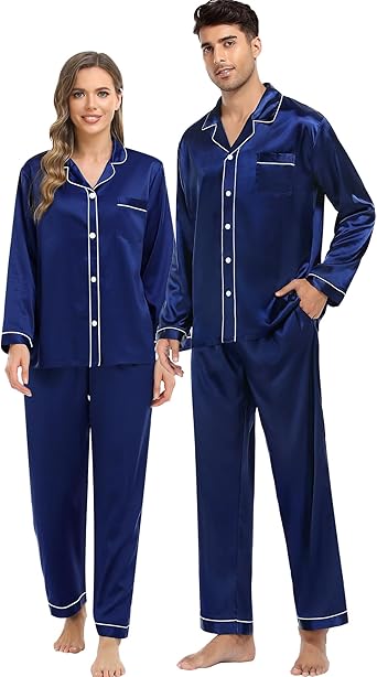 SWOMOG Couples Silky Satin Pajama Set Long Sleeve Pj Set Button Dwon Loungewear 2 PCS Sleepwear Set
