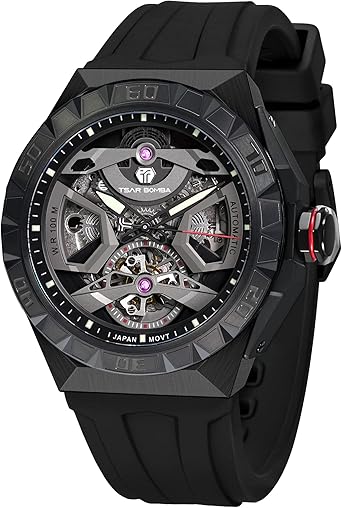 TSAR BOMBA Watch for Men Mechanical Men's Automatic Skeleton 100M Waterproof Wrist Watch Analogue Display Octagon Dial Dress Luxury Self Wind with FKM Rubber Bracelet Strap