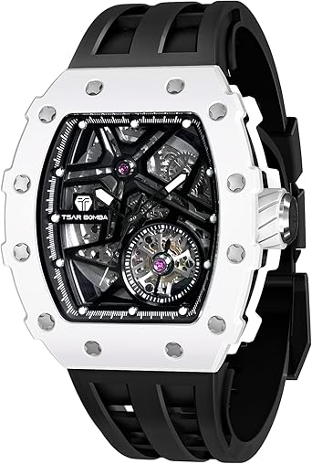 TSAR BOMBA Men's Automatic Watch Mechanical Tonneau Luxury Skeleton Watches for Men 50M Waterproof Analogue Work Mens Wrist Watch Unique Cool Design Square Silver Big Face Wristwatch Silicone Strap