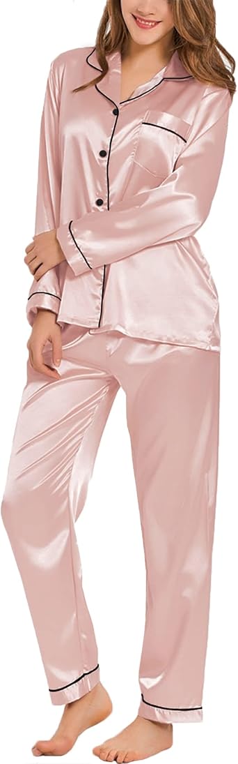 SWOMOG Womens Silk Satin Pajamas Set Long Sleeve Button Down Sleepwear 2 Piece Lounge Set Pj Set XS-3XL
