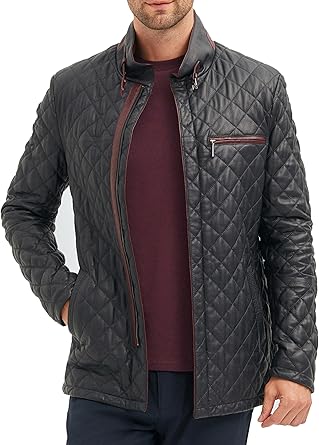 Bigardini Men's Quilted Leather Coat - Real Lambskin Italian Leather Jacket (Navy/Burgundy)