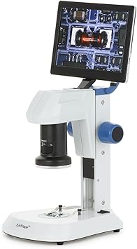 AmScope DM745 Series Digital Microscope for Industrial Inspection - 0.7X-4.5X Magnification - Includes Camera & 9-Inch Screen - Dual LED Lighting - On Track Stand