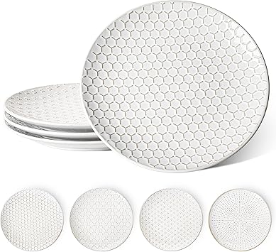 LE TAUCI 10 Inch Ceramic Dinner Plates Set of 4, Large Embossed Plate Set for Kitchen, Microwave & Dishwasher Safe Dinnerware Sets, Modern White Serving Dishes for Pasta, Steak - Arctic White