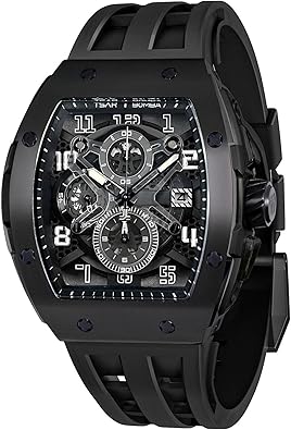 TSAR BOMBA Mens Watches Quartz Wristwatch for Men Waterproof 50M Analog Luxury Tonneau Chronograph Calendar Date Men’s Dress Business Work Watch Gift for Men