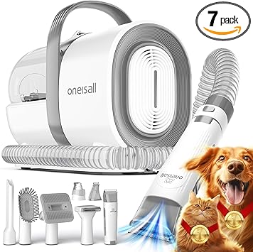 oneisall Dog Grooming Vacuum, Pet Grooming Vacuum with Clipper Nail Grinder, 1.5L Dust Cup Dog deshedding Brush with 7 Tools for Shedding Pet Hair, Home Cleaning(Blue)