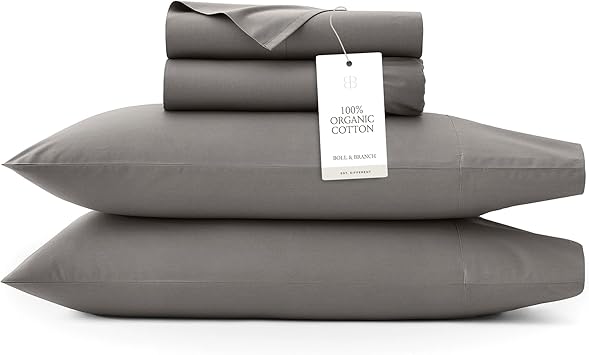 BOLL & BRANCH Signature Hemmed Sheet Set - King + Standard, Stone - Luxury 100% Organic Cotton - Includes 1 Flat, 1 Fitted, 2 Standard Size Pillowcases - Buttery Soft