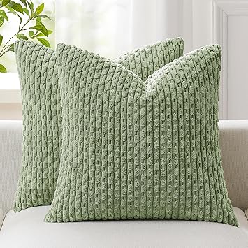 Kevin Textile 2 Packs Spring Decorative Throw Pillow Covers 18x18 Inch for Living Room Couch Bed Spring Sofa Soft Striped Corduroy Square Cushion Case 45x45 cm Farmhouse Boho Home Decor Sage Green