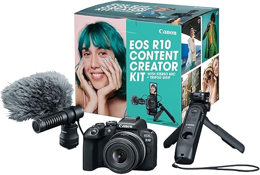 Canon EOS R10 Content Creator Kit, Mirrorless Vlogging Camera with RF-S18-45mm F4.5-6.3 is STM Lens, Tripod and Stereo Microphone, 24.2 Megapixel CMOS (APS-C) Sensor, 4K Video, Black