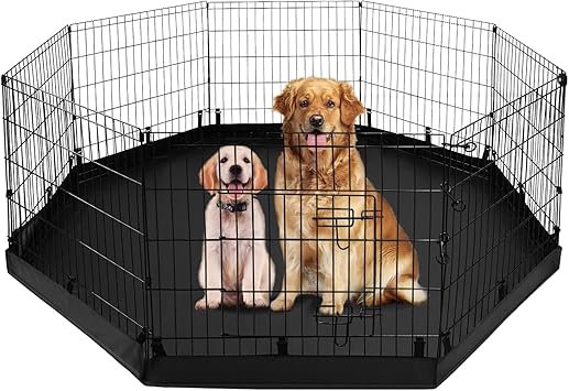 PJYuCien Octagonal Dog Playpen with Bottom Pad - Metal Foldable Exercise Pen, 8 Panels 24" H x 24" W Indoor Outdoor Pet Fence Puppy Crate Kennel, Black