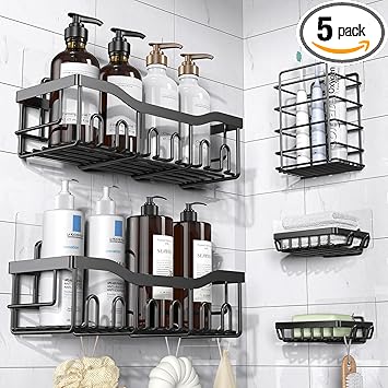 EUDELE Adhesive Shower Caddy, 5 Pack Rustproof Stainless Steel Bath Organizers With Large Capacity, No Drilling Shelves for Bathroom Storage & Home Decor