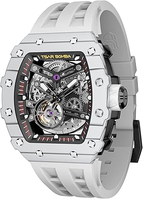 TSAR BOMBA Men's Automatic Watch Tonneau Luxury Skeleton Watches for Men Mechanical 50M Waterproof Analogue Watches Mens Unique Cool Square Big Face Dial Wristwatch with Silicone Strap Band