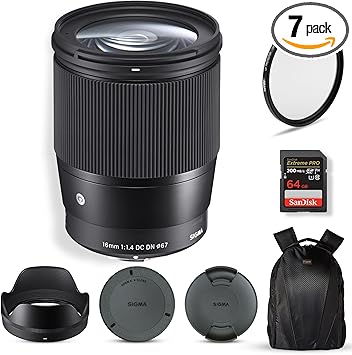 Sigma 16mm f/1.4 DC DN Contemporary Lens for Sony E | APS-C Format, Super Multi-Layer Coating, Weather-Sealed, Tiffen 67mm UV Protector Filter, 64GB Extreme PRO Memory Card, and Camera Bag Bundle