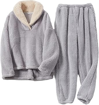 Men' s Fluffy Pajamas Set Fleece Fluffy Warm Loungewear Pullover Loose Flannel Sleepwear