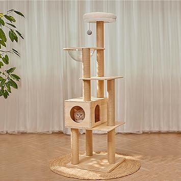 61'' Tall Real Solid Wood Cat Tower with Space Capsule Cat Bed, Top Bed with Toy Ball,Sisal Scratching Posts, Multi Cat Tree for Large Cats 20 lbs Heavy Duty