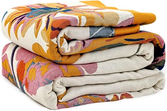 LUTBM Boho Throw Blanket 100% Cotton Soft Bed Throw Twin Lightweight Summer Blanket Floral Bird & Butterfly Room Decor Breathable Bed Blankets,60"x80" All Season Reversible Blankets for Couch Chair