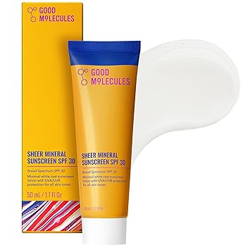 Good Molecules Sheer Mineral Sunscreen SPF 30 - Minimal White Cast Zinc Oxide Sunscreen For Face - Hydrating Hyaluronic Acid, UVA/UVB Protection, Reef-Safe