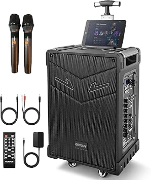 GTSK10-3 3-Way Portable Bluetooth PA Speaker System - Wireless Karaoke Loudspeaker with 10” Subwoofer, TWS/FLAC/WAV/FM Radio- Includes Dual Mics, Rolling Wheels - Ideal for Parties, Events, Outdoors